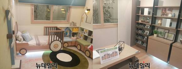 ▲ 시흥 은계지구 우미린 모델하우스에는 3개 유닛이 있다. 사진은 전용 84㎡ 유닛에 있는 방의 모습. 왼쪽과 오른쪽의 방을 가르는 가변형 벽체를 제거해 하나의 방으로 만들 수 있다.ⓒ뉴데일리