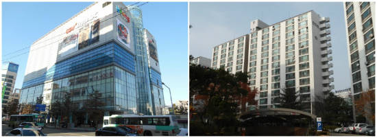 ▲ 대구 중구 사일동 15-1번지에 위치한 롯데영프라자(왼쪽)와 고양시 덕양구 행신동 796번지 소만마을 단지. ⓒ 지지옥션