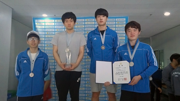 ▲ 청주대 사격부가 봉황기 전국사격대회 남자대학부 50m 단체전에서 은메달을 획득했다. 사진 왼쪽부터 임동훈, 김성훈, 지현준, 추동원.ⓒ청주대