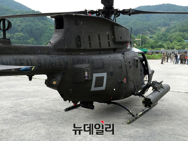 ▲ 지난 6월 22일 경기도 양평 비승사격장에서 한미연합 항공사격훈련을 마친 OH-58 모습.후미에 레이더 감지기 및 미사일 회피장비가 보인다.ⓒ뉴데일리 순정우 기자