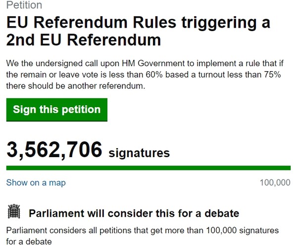 ▲ 英브렉시트 국민투표 재투표 청원 관련 실시간 서명자 수.ⓒUK Government and Parliament 홈페이지 화면 캡처