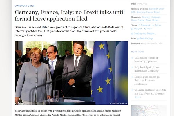 ▲ 독일, 프랑스, 이탈리아 정상은 지난 27일(현지시간) 정상회담 후 공동 기자회견을 갖고 '리스본 조약' 50조를 언급하며 "영국이 탈퇴요청서를 제출하기 전까지는 '브렉시트(Brexit)'에 대한 협의를 하지 않을 것"이라고 밝혔다. ⓒ獨'독일의 소리(DW) 관련보도 화면캡쳐