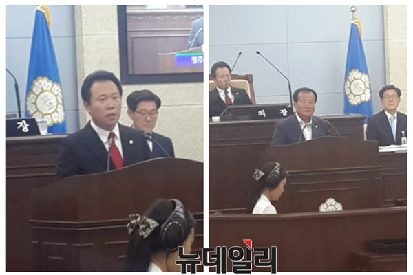 ▲ 4일 충북 청주시의회 후반기 의장으로 선출된 황영호 의원(왼쪽)과 부의장으로 선출된 하재성 의원이 소감을 밝히고 있다.ⓒ김종혁 기자