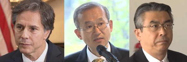 ▲ (왼쪽부터) 토니 블링큰 美국무부 부장관, 임성남 외교부 제1차관, 스기야마 신스케(杉山 晋輔) 日외무성 사무차관.ⓒ美CBS뉴스, 연합뉴스tv, 日ANN뉴스 중계영상 캡쳐