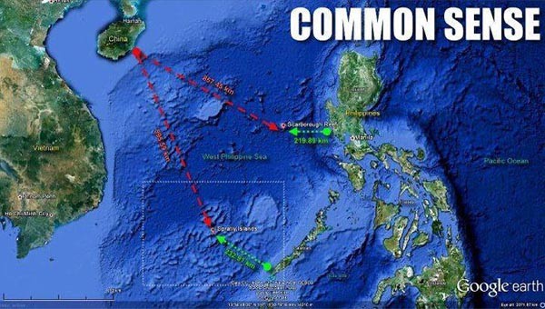 ▲ 해외 온라인에서 '상식'이라는 제목으로 나도는 구글어스 사진. 붉은선이 중국과의 거리, 초록색이 필리핀과의 거리다. ⓒ인도 디펜스포럼 사이트 캡쳐