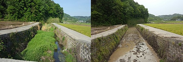 ▲ 국민안전처는 여름철 집중호우에 따른 재해 예방을 위해 12일부터 15일까지 지자체의 '소하천 유지관리 실태'를 점검한다고 밝혔다. 왼쪽 사진은 유수소통 방해물이 산적한 모습. 오른쪽 사진은 정비 이후의 소하천 모습. ⓒ국민안전처 제공