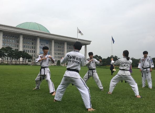 ▲ ‘2016청주세계무예마스터십’ 홍보를 위한 게릴라 무예시연이 13일 국회 잔디광장에서 펼쳐졌다.ⓒ충북도