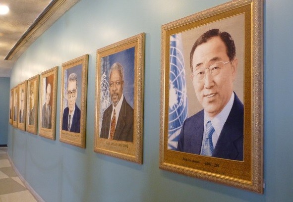 ▲ 유엔본부에 걸려있는 역대사무총장 얼굴. 맨 오른쪽 반기문 총장.