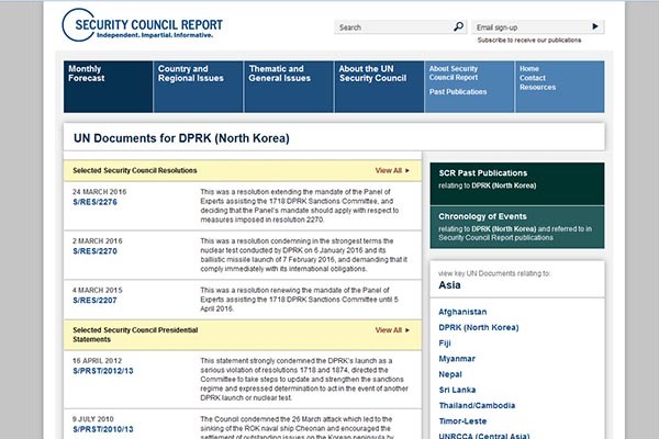 ▲ 유엔 안보리는 대북제재에 많은 공을 들이고 있다. 사진은 유엔 안보리 대북제재 리포트 모음. ⓒ유엔 안보리 홈페이지 캡쳐