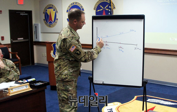 ▲ 18일(현지시간) 미국령 괌에 위치한 앤더슨 기지내에서 미군 관계자가 사드에대한 설명을 하고 있다.ⓒ뉴데일리 순정우 기자