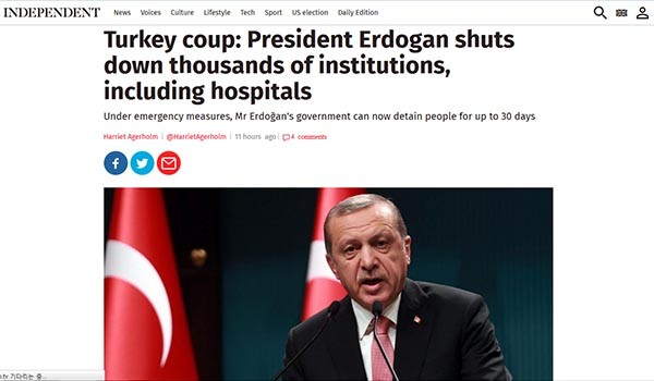 ▲ 세계 주요 언론들은 에르도안 터키 대통령이 '국가비상사태' 선포에 이어 초법적 조치를 담은 '칙령'을 발표하자 불안한 시선으로 지켜보고 있다. ⓒ英인디펜던트 관련보도 화면캡쳐