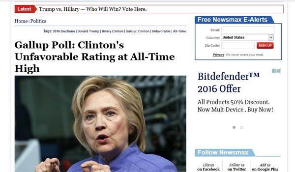 ▲ 美현지언론들은 지난 26일(현지시간) 갤럽이 발표한 美대선후보 호감도 조사결과를 일제히 보도했다. ⓒ美뉴스맥스닷컴 관련보도 화면캡쳐