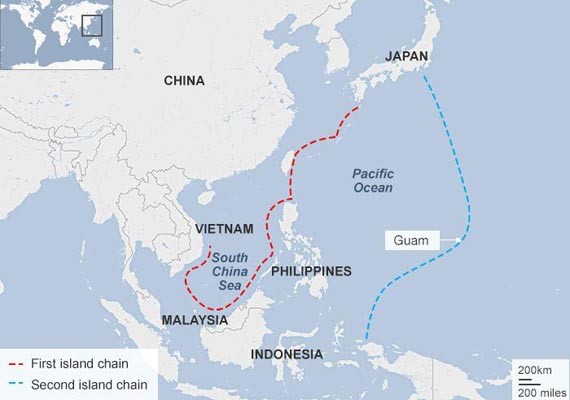 ▲ 中공산당이 '구단선'을 주장하는 것은 실은 동아시아 패권전략인 '도련선'을 숨기기 위해서라는 분석이 많다. 그림은 中공산당의 1-2 도련선 지도. ⓒ英BBC 관련보도 화면캡쳐