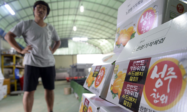 ▲ 성주 참외 포장 박스에 "사드 배치를 철회하라"는 문구가 붙어있다. ⓒ뉴시스 DB