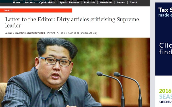 ▲ 북한 외교관들이 해외에서 저지른 각종 불법행위를 폭로한 현지 언론사들을 찾아가 협박한 것으로 알려졌다. 사진은 남아공 주재 김창렵 북한대사의 협박 편지 내용을 게재한 현지 매체 '데일리 마베릭(Daily Maverick)'의 기사.ⓒ'데일리 마베릭(Daily Maverick)' 홈페이지 캡쳐