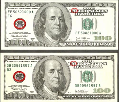 ▲ 2006년 2월 김문수 당시 경기지사가 공개한 북한산 슈퍼노트(위)와 진짜 지폐(아래). ⓒ보도자료 제공 사이트 '뉴스와이어'