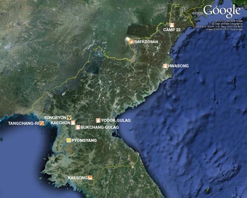 ▲ 2013년 '알 자지라'가 파악해 공개한 북한 내 정치범 수용소와 핵시설 등의 위치. 북한인권정보센터는 지난 1일 북한 정치범 수용소에 수감돼 있거나 수감된 것으로 추정되는 사람들의 명단을 공개했다. ⓒ알 자지라 관련보도 화면캡쳐