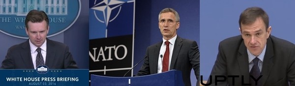▲ (왼쪽부터)조시 어니스트 美백악관 대변인, 옌스 스톨텐베르크 NATO 사무총장, 마르틴 샤퍼 독일 외무부 대변인.ⓒ美백악관, NATO, RT뉴스 중계영상 캡쳐