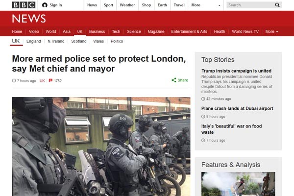 英BBC는 지난 3일(현지시간) "런던 시내 무장경찰을 현재 600명에서 2,800명으로 증원할 것"이라는 런던 시장과 런던 경찰청장의 발표를 보도했다. ⓒ英BBC 관련보도 화면캡쳐