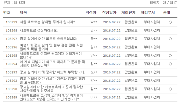 ▲ 서울메트로가 '여성시대'가 게재한 지하철 광고를 철거한 후 서울메트로 '고객의 소리' 게시판에 올라 온 글.  ⓒ서울메트로 홈페이지 화면 캡쳐