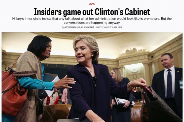 ▲ 지난 3일 美정치전문지 '폴리티코'는 "힐러리가 당선되면 장관의 50% 이상이 여성으로 채워질 수 있다"는 분석을 내놨다. 힐러리 왼쪽이 백악관 비서실장으로 유력하게 꼽히는 셰릴 밀스다. ⓒ美폴리티코 관련보도 화면캡쳐