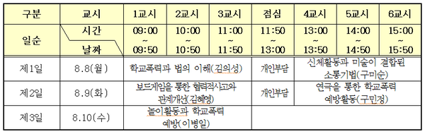 ▲ 학교폭력 예방연수 일정표 ⓒ 서울교육연수원