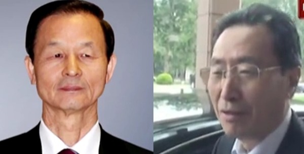 ▲ 김장수 駐중국대사가 지난 8일 우다웨이(武大偉) 中외교부 한반도 사무 특별대표를 만나 주한미군 '사드(THAAD)' 배치 문제와 관련된 한국 정부의 입장을 전달했다. 사진은 (왼쪽부터)김장수 주중대사, 우다웨이 대표.ⓒ연합뉴스TV 중계영상 캡쳐, 日'ANN' 방송 중계영상 캡쳐