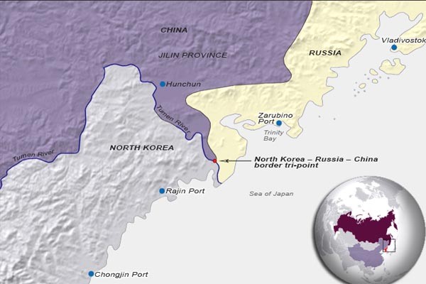 ▲ 中훈춘과 北나진항, 러시아 접경 지역의 지도. 中공산당의 '일대일로' 사업이 제대로 진행되려면 중국의 동해 진출은 필수적이다. ⓒ'미국의 소리' 방송 관련지역 보도화면 캡쳐