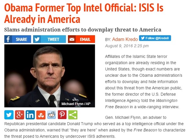 ▲ 마이클 플린 前 국방정보국(DIA) 국장은 테러조직 '대쉬(ISIS)' 지지 또는 연계세력이 미국 내에 광범위하게 퍼져있다고 말했다. 사진은 美'워싱턴프리비컨(WFB)'의 관련 인터넷 기사 일부.ⓒ美'워싱턴프리비컨' 홈페이지 캡쳐