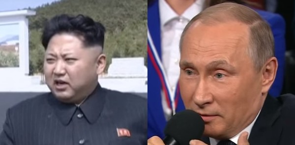 ▲ 블라디미르 푸틴 러시아 대통령과 북한의 김정은이 광복 71주년을 맞아 축전을 주고받았다. 사진은 (왼쪽부터) 김정은, 푸틴 대통령.ⓒ北'선전매체' 중계영상 캡쳐, '러시아투데이' 중계영상 캡쳐