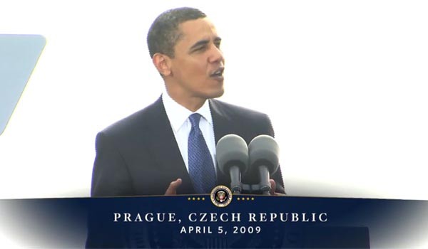 ▲ 버락 오바마 美대통령은 2009년 4월 체코 프라하에서 연설하면서 '포괄적 핵실험 금지조약(CTBTO)'을 지지하며 '핵 없는 세상'을 만들겠다고 공언했다. ⓒ당시 연설장면-美백악관 공개영상 캡쳐