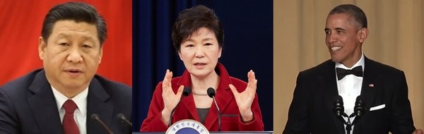 ▲ 중국의 2016년 주요 20개국(이하 G20) 정상회의 개최가 초읽기에 들어간 가운데 한·중, 미·중 양자회담 진행 가능성 및 '사드(THAAD)' 문제와 같은 주요 현안이 논의될지에 관심이 쏠리고 있다. 사진은 (왼쪽부터) 시진핑 中공산당 총서기, 박근혜 대통령, 버락 오바마 美대통령.ⓒ유튜브 캡쳐, 뉴데일리 DB, 美백악관