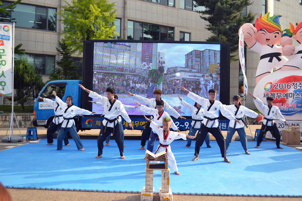 ▲ ‘2016 청주세계무예마스터십’의 무예시범단이 17일 청주야구장 앞에서 게릴라 무예시연을 벌였다.ⓒ충북도
