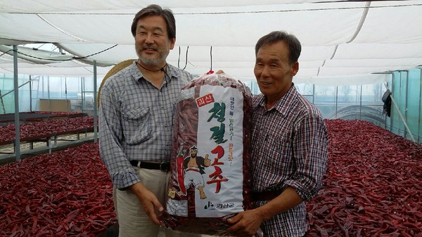 ▲ 김무성 전 새누리당 대표(왼쪽)가 17일 충북 괴산의 고추농가를 방문했다.ⓒ독자제공