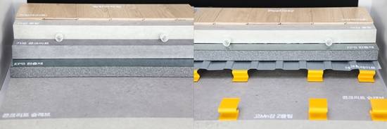 ▲ 포스코가 개발한 고망간강 바닥판(우)은 일반 바닥판에 들어가는 EPS 완충재 외에 Z-클립을 추가, 층간소음을 감소시키도록 했다. ⓒ포스코건설