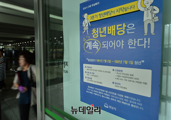 ▲ 성남시청 곳곳에 청년배당을 홍보하는 포스터가 붙어있다. ⓒ 뉴데일리 정상윤