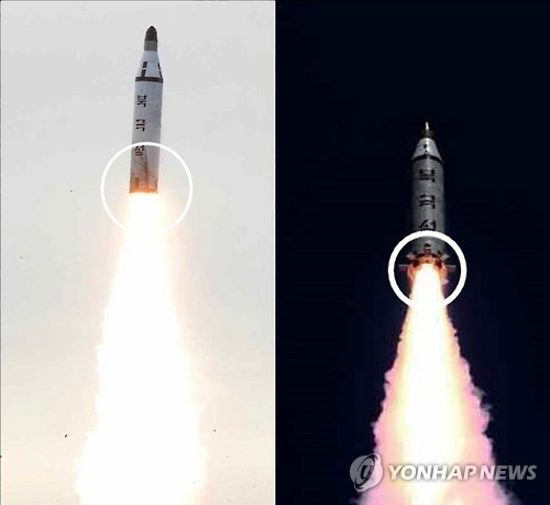 사진은 지난 4월 23일 발사 당시의 SLBM(왼쪽)과 오늘자 사진의 SLBM 모습을 비교한 것으로, 하단부 톱니 모양의 장치가 추가된 것이 보인다.ⓒ연합뉴스