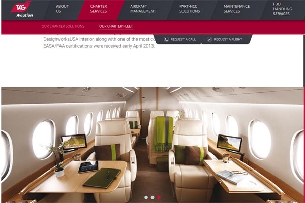 ▲ 김진태 의원실이 공개한, '대우조선해양'의 전세기와 같은 기종 '팔콘 2000' 모델의 실내(8인승). ⓒ스위스 TAG항공 홈페이지 캡쳐