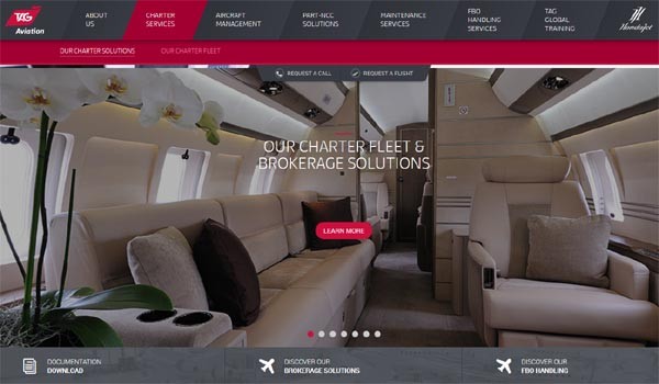 ▲ 스위스 TAG社의 '전세기 서비스(Charter Services)' 홍보 사진. ⓒ스위스 TAG 홈페이지 캡쳐