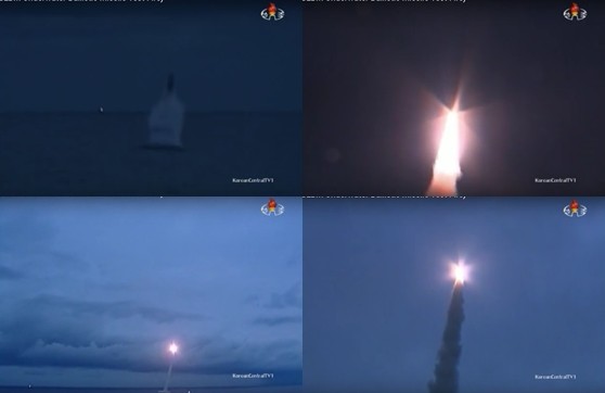 ▲ 북한이 지난 24일 실시한 잠수함발사탄도미사일(SLBM) 시험발사는 23년 만에 개최한 '김일성 사회주의 청년동맹 제9차 대회' 일정에 맞춘 김정은의 내부 결속용이라는 분석이 나왔다. 사진은 지난 24일 북한의 SLBM 시험발사 관련 조선중앙TV 중계영상 일부.ⓒ北선전매체 영상 캡쳐