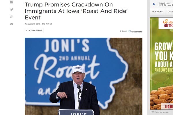 ▲ 美언론들은 지난 27일(현지시간) 도널드 트럼프가 아이오와 디모인에서 한 연설 내용을 일제히 보도했다. ⓒ美공영 NPR 관련보도 화면캡쳐