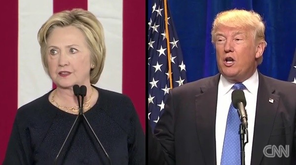 ▲ 美대선 후보간의 '인종주의' 공방이 치열해지고 있는 모습이다. 美공화당의 대선후보 도널드 트럼프가 백인우월 주의 비밀조직인 '큐 클럭스 클랜(KKK)'의 멤버가 美민주당 대선후보 힐러리 클린턴의 멘토라고 주장하고 나섰다. 사진은 (왼쪽부터) 힐러리 클린턴 美민주당 대선후보, 도널드 트럼프 美공화당 대선후보.ⓒ美'CNN' 중계영상 캡쳐