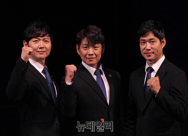 ▲ 사격선수 출신의 경호실 부장 '정학' 역을 맡은 배우 이건명, 민영기, 유준상 ⓒ 뉴데일리 공준표