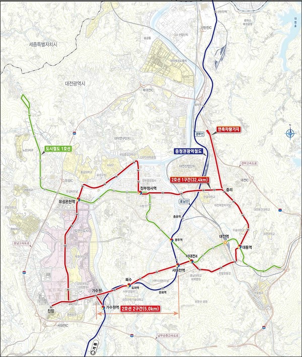 ▲ 도시철도 2호선 노선도면.ⓒ대전시
