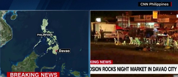 ▲ 필리핀 남부 다바오市에서 2일(현지시간) 폭발 사건이 발생해 최소 85명의 사상자가 발생했다. 사진은 관련 美'CNN'보도 일부.ⓒ美'CNN'중계영상 캡쳐