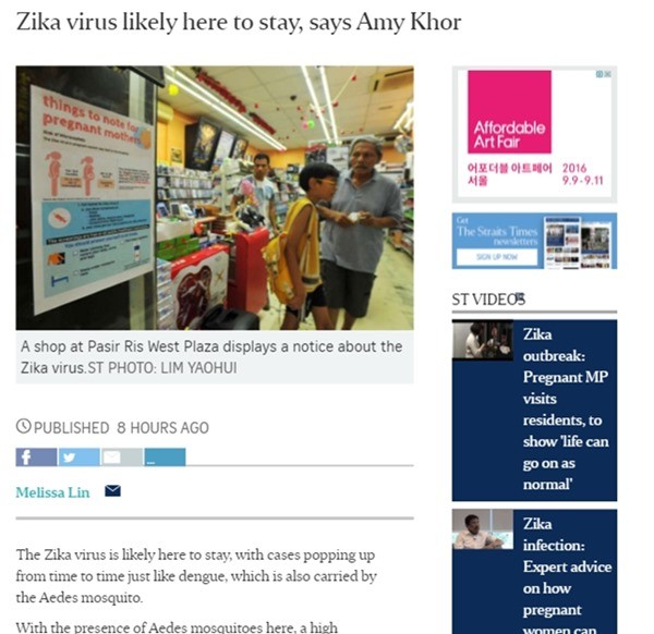 ▲ 지카 바이러스 감염에 대한 공포심이 확산되고 있는 가운데 싱가포르 내에서 9일 동안 242명의 감염자가 발생했다. 아울러 싱가포르 내에서는 뎅기열과 같은 풍토병처럼 토착화 될 가능성이 있다는 전망도 제기됐다. 사진은 싱가포르 일간 '더 스트레이츠 타임스' 관련 기사 일부.ⓒ'더 스트레이츠 타임스' 홈페이지 캡쳐