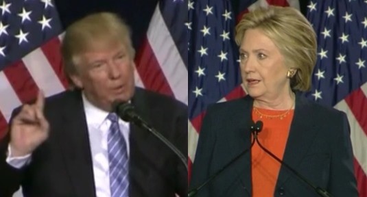 ▲ 美대선이 2달 여 남은 가운데 클린턴과 트럼프의 지지율 차이가 다시 좁혀지면서 혼선을 빚고 있는 모양새다. 사진은 (왼쪽부터)트럼프, 힐러리.ⓒ美'CNN'중계영상 캡쳐