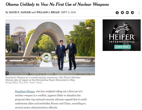 ▲ 버락 오바마 美대통령이 미국이 먼저 핵무기를 사용하지 않겠다는 '핵무기 선제 불사용' 원칙을 거둬들일 것 같다고 美'뉴욕타임즈(NYT)'가 보도했다. 사진은 'NYT'관련보도 인터넷 기사 일부.ⓒ美'NYT'홈페이지 캡쳐