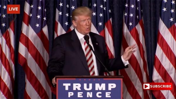 ▲ 도널드 트럼프 美공화당 대선후보가 지난 7일(현지시간) 필라델피아에서 국가안보에 대해 연설하는 모습. 그의 공약은 美언론들의 관심을 끌었다. ⓒ유튜브 트럼프-힐러리 선거유세 채널 화면캡쳐