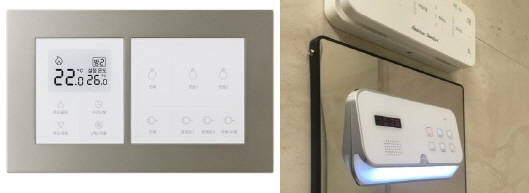 ▲ 조명 소등시간 지연시스템이 적용된 스위치(왼쪽)와 화장실 LED센서 야간등(오른쪽) 모습. ⓒ 현대건설